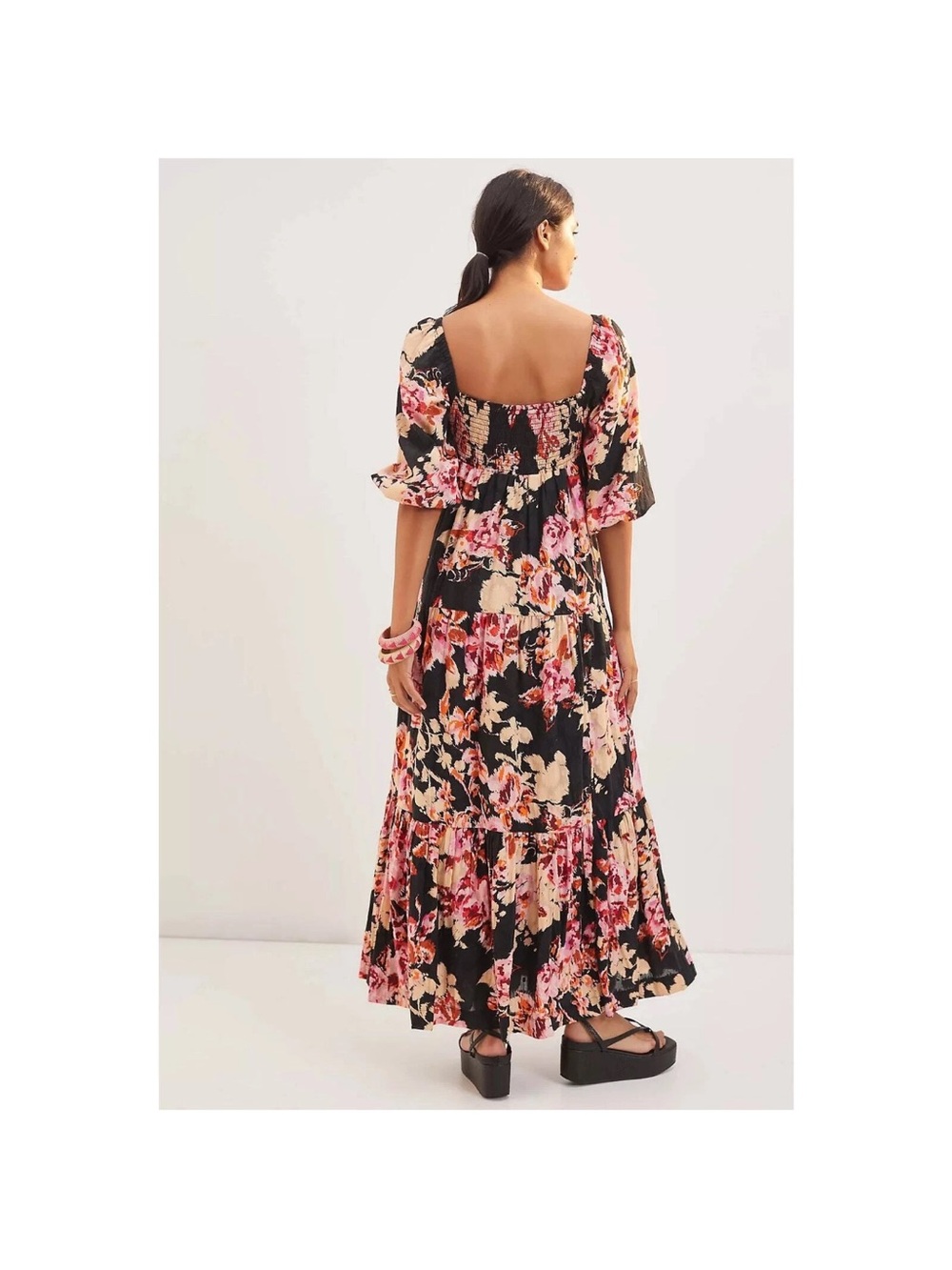 Anthropologie Somerset Floral Puff Sleeve Maxi Dress Black Pink Medium NWT - Picture 6 of 15